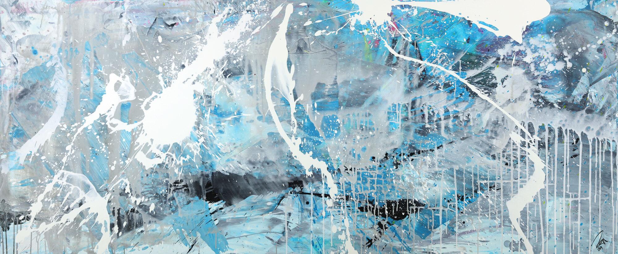 Abstraktes Gemälde hellblau grau weiß schwarz handgemalt auf Leinwnad Modern Art