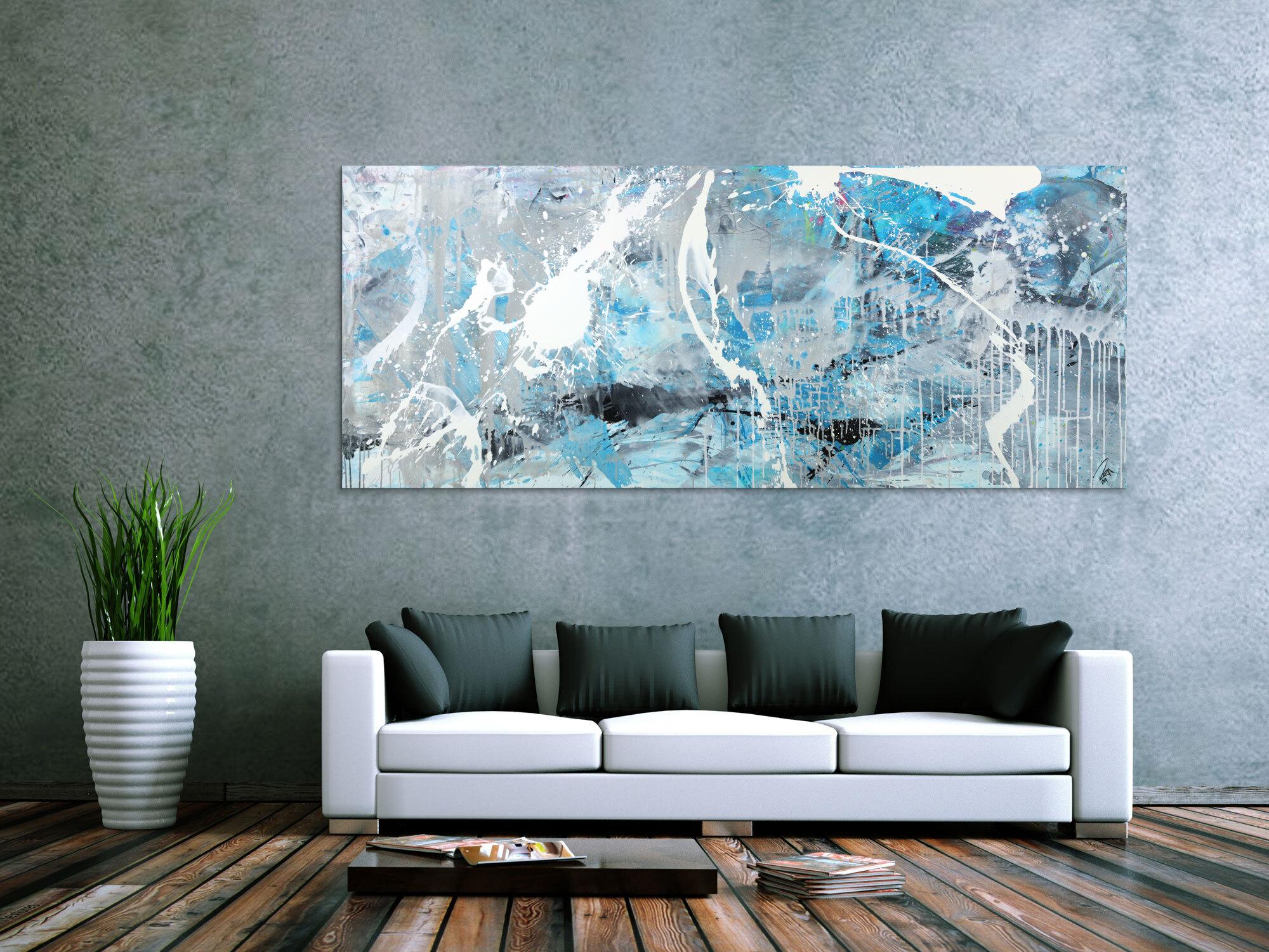 Abstraktes Gemälde hellblau grau weiß schwarz handgemalt auf Leinwnad Modern Art