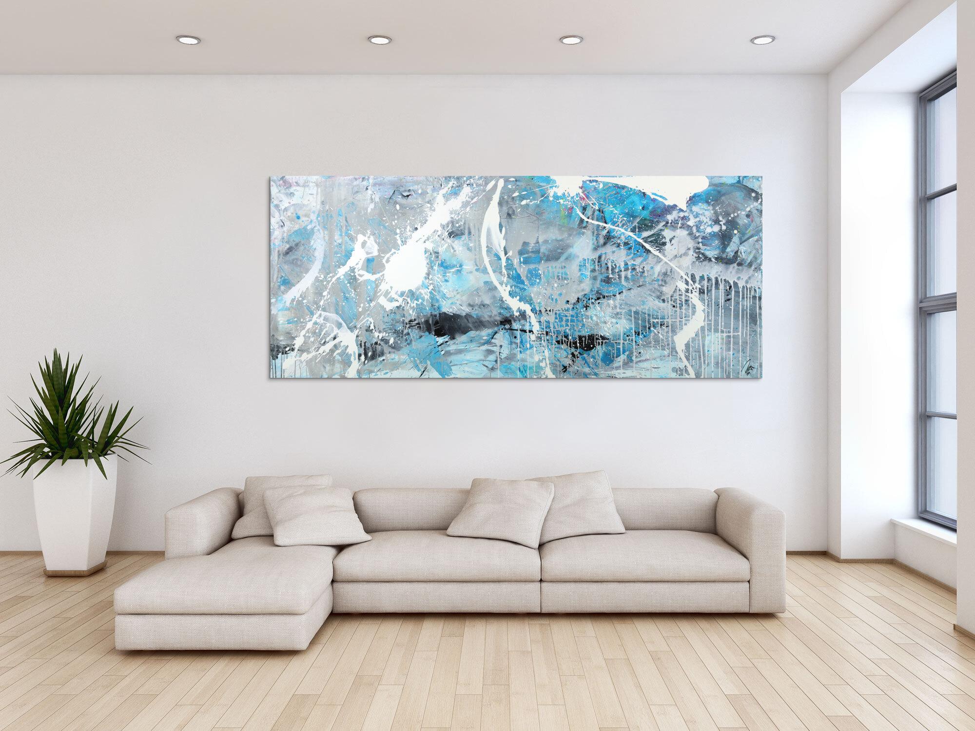 Abstraktes Gemälde hellblau grau weiß schwarz handgemalt auf Leinwnad Modern Art