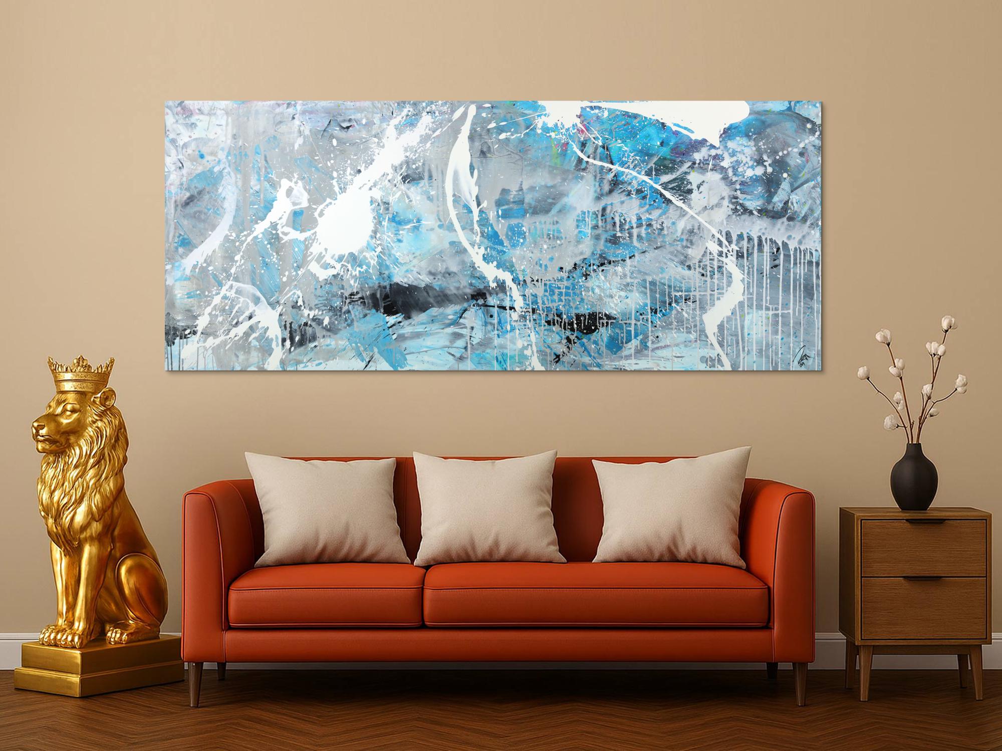 Abstraktes Gemälde hellblau grau weiß schwarz handgemalt auf Leinwnad Modern Art