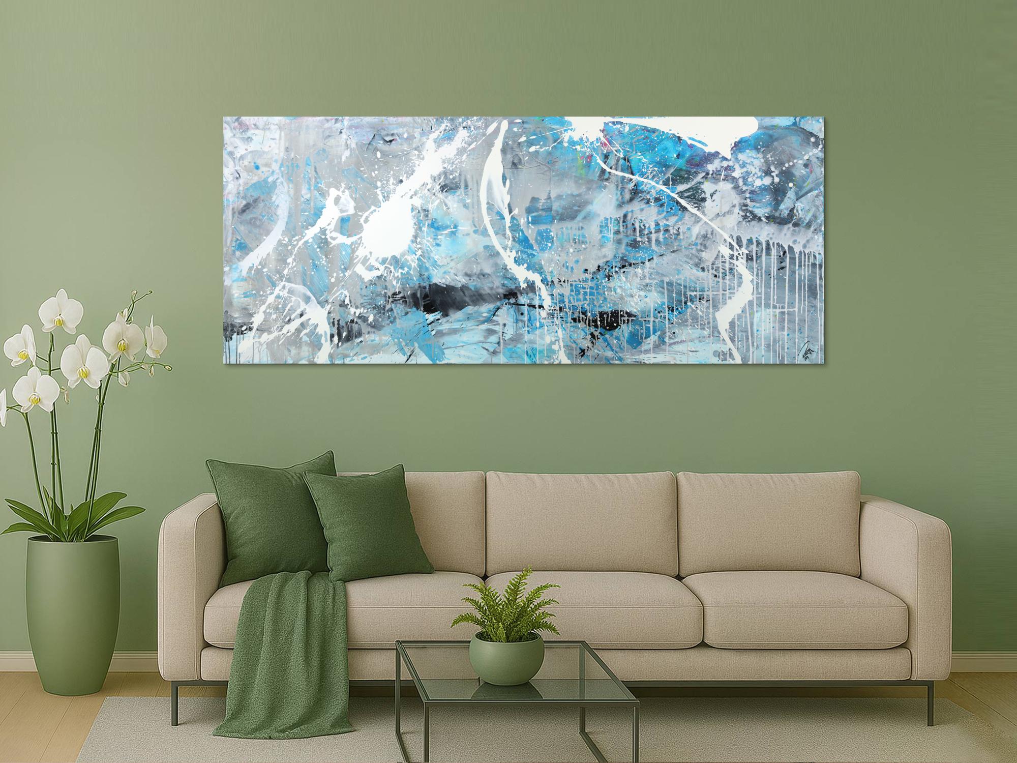 Abstraktes Gemälde hellblau grau weiß schwarz handgemalt auf Leinwnad Modern Art