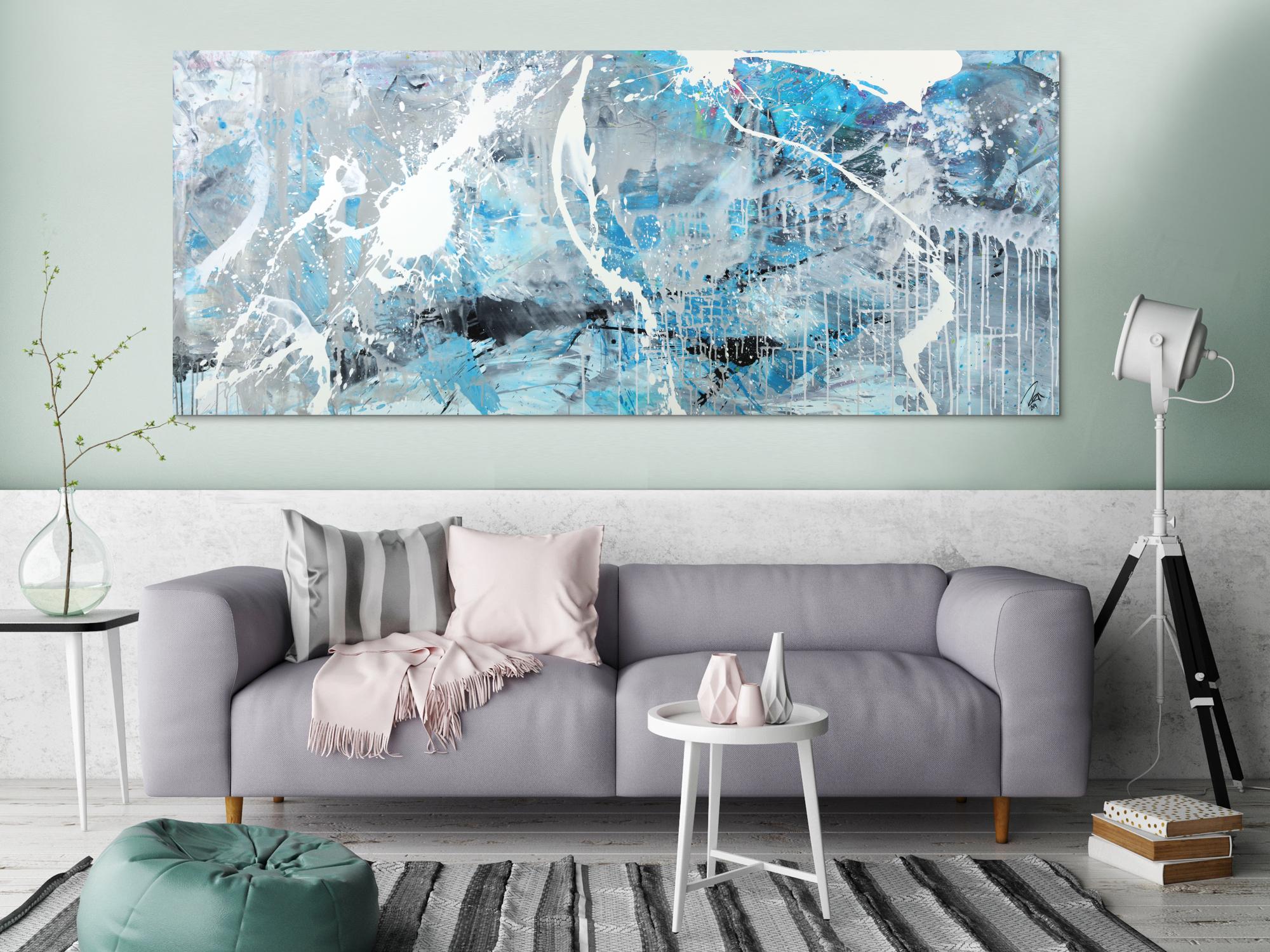 Abstraktes Gemälde hellblau grau weiß schwarz handgemalt auf Leinwnad Modern Art