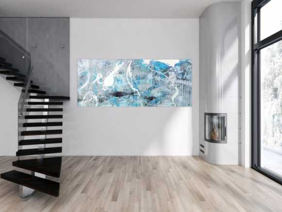 Abstraktes Gemälde hellblau grau weiß schwarz handgemalt auf Leinwnad Modern Art