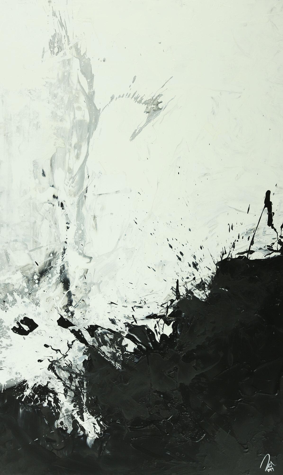 Abstraktes Gemälde minimalistisch schwarz weiß Mondern Art auf Leinwand handgemalt Hochformat