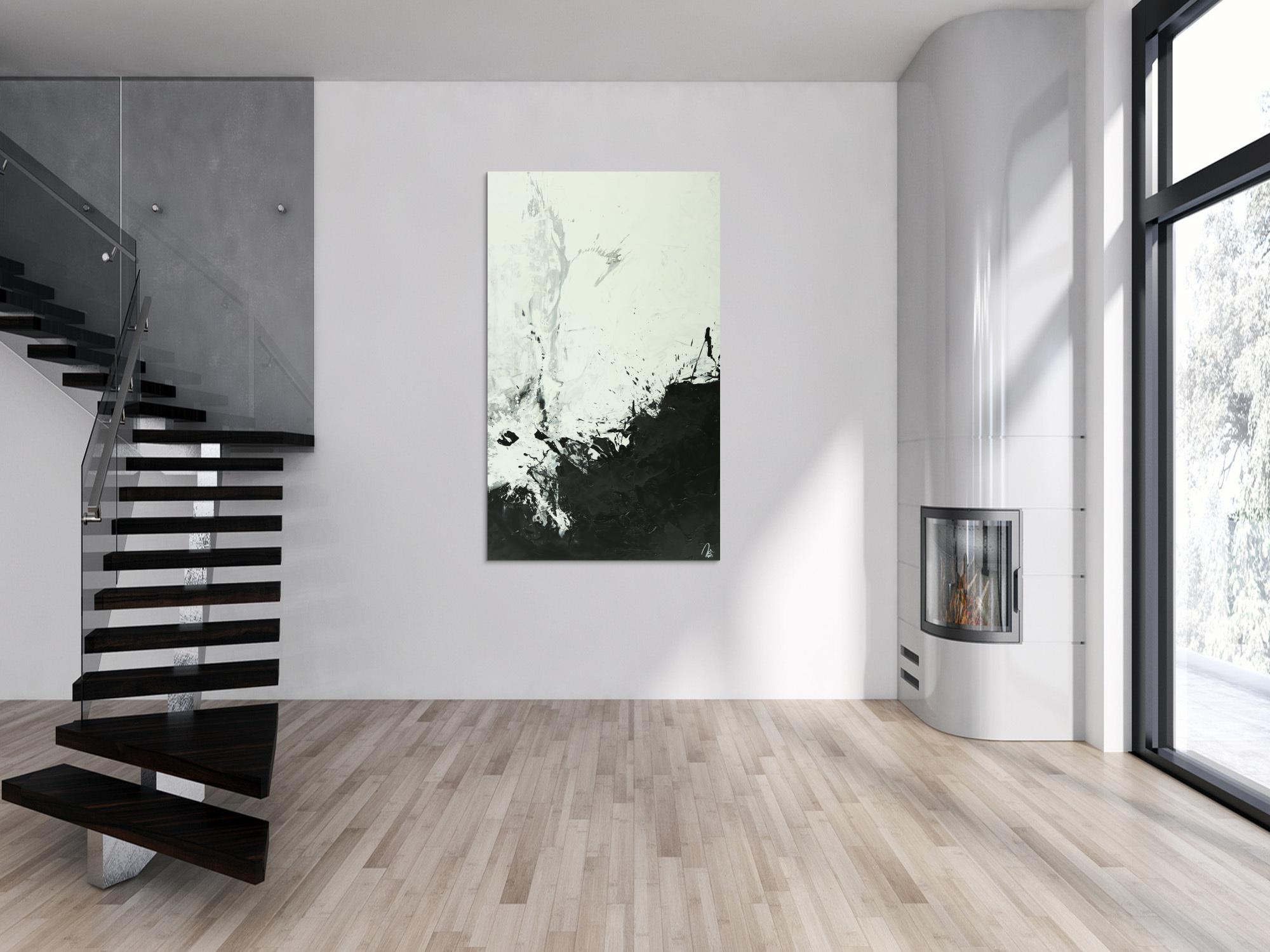 Abstraktes Gemälde minimalistisch schwarz weiß Mondern Art auf Leinwand handgemalt Hochformat