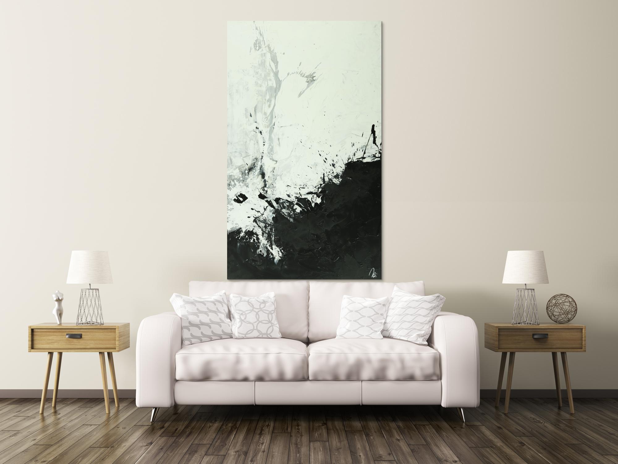 Abstraktes Gemälde minimalistisch schwarz weiß Mondern Art auf Leinwand handgemalt Hochformat