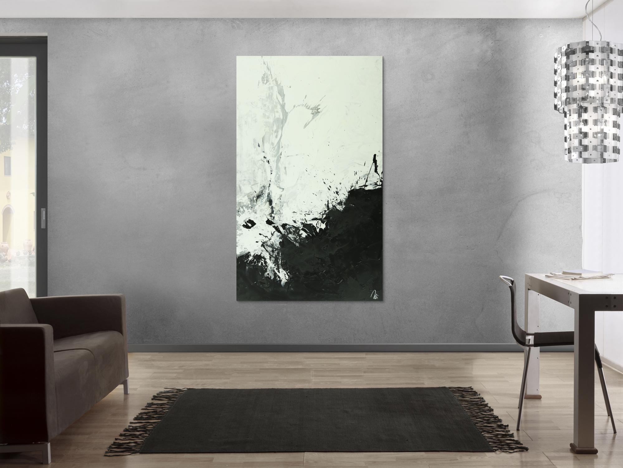 Abstraktes Gemälde minimalistisch schwarz weiß Mondern Art auf Leinwand handgemalt Hochformat