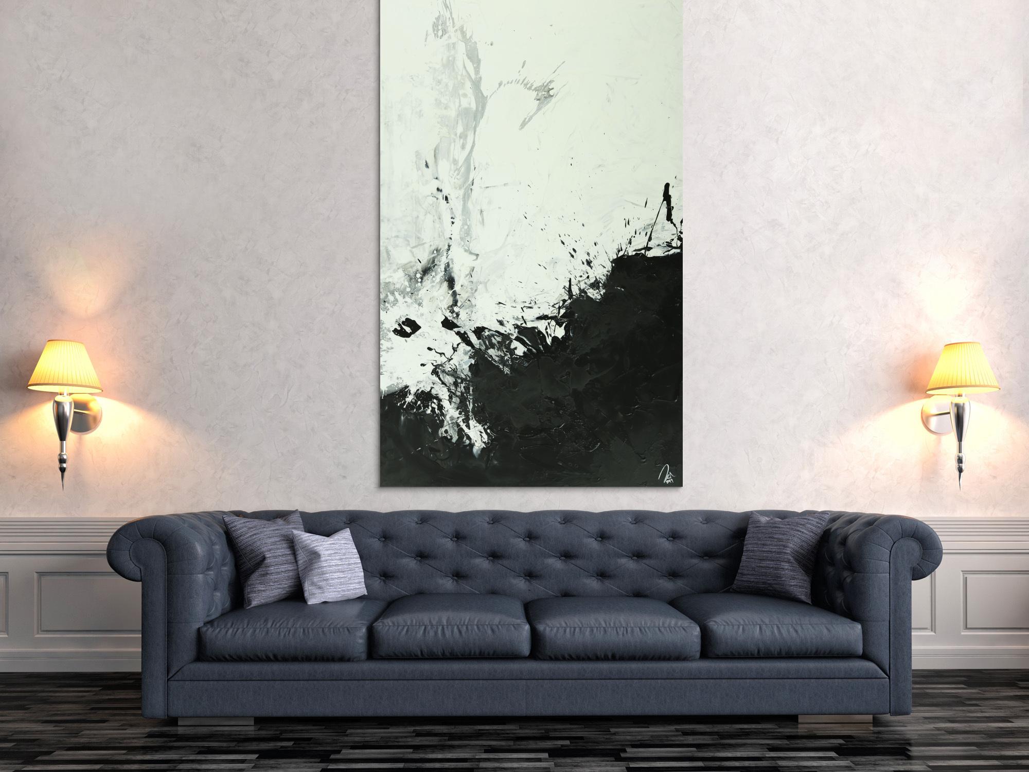 Abstraktes Gemälde minimalistisch schwarz weiß Mondern Art auf Leinwand handgemalt Hochformat