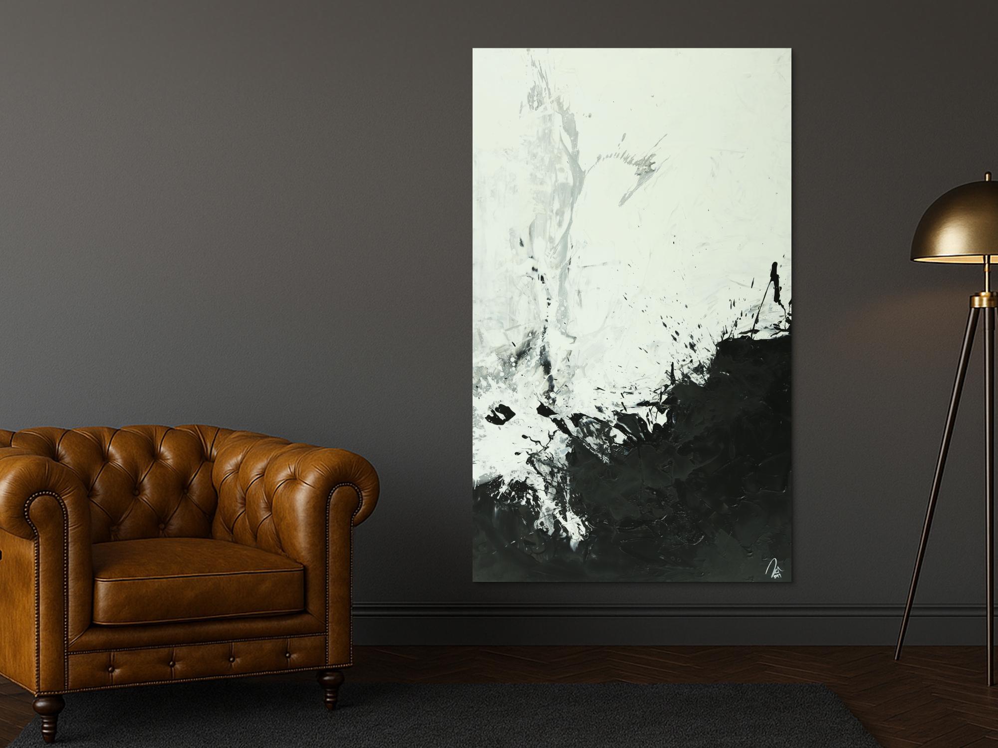 Abstraktes Gemälde minimalistisch schwarz weiß Mondern Art auf Leinwand handgemalt Hochformat