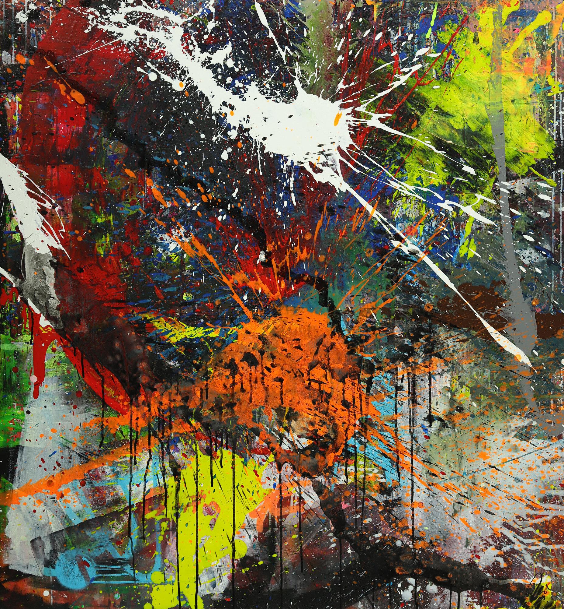 Abstraktes Gemälde bunt Action Painting Mischtechnik Modern Art auf Leinwand Hochformat