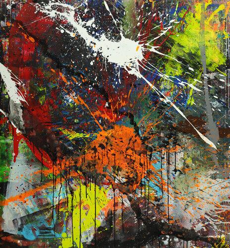 Abstraktes Gemälde bunt Action Painting Mischtechnik Modern Art auf Leinwand Hochformat