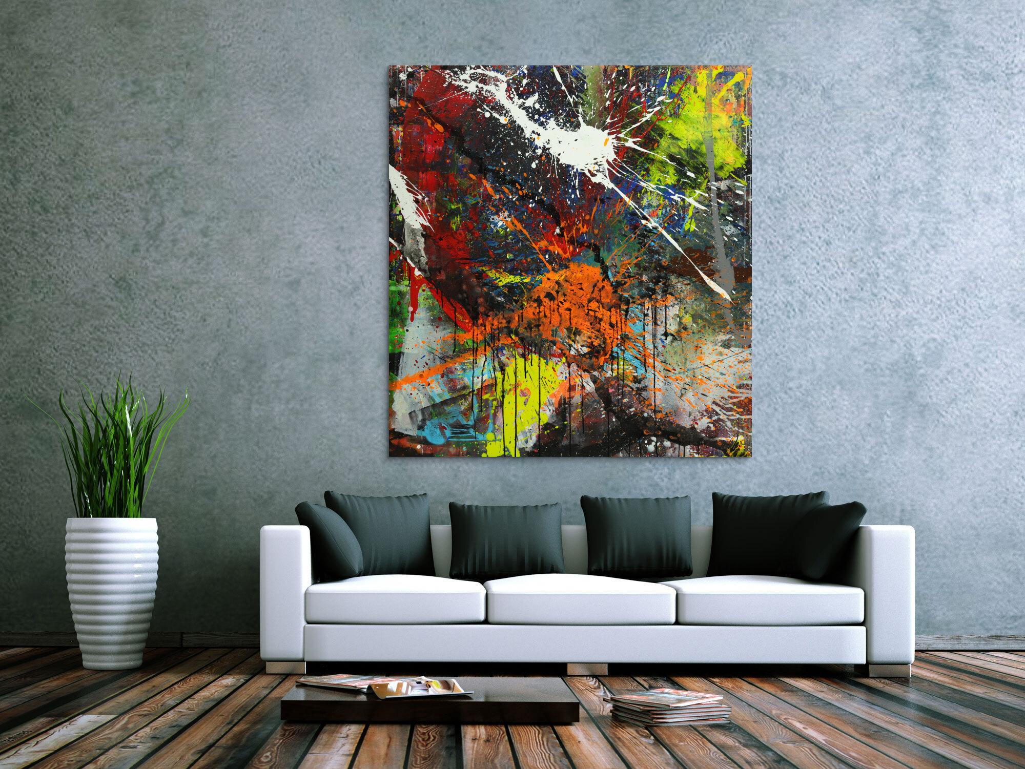 Abstraktes Gemälde bunt Action Painting Mischtechnik Modern Art auf Leinwand Hochformat