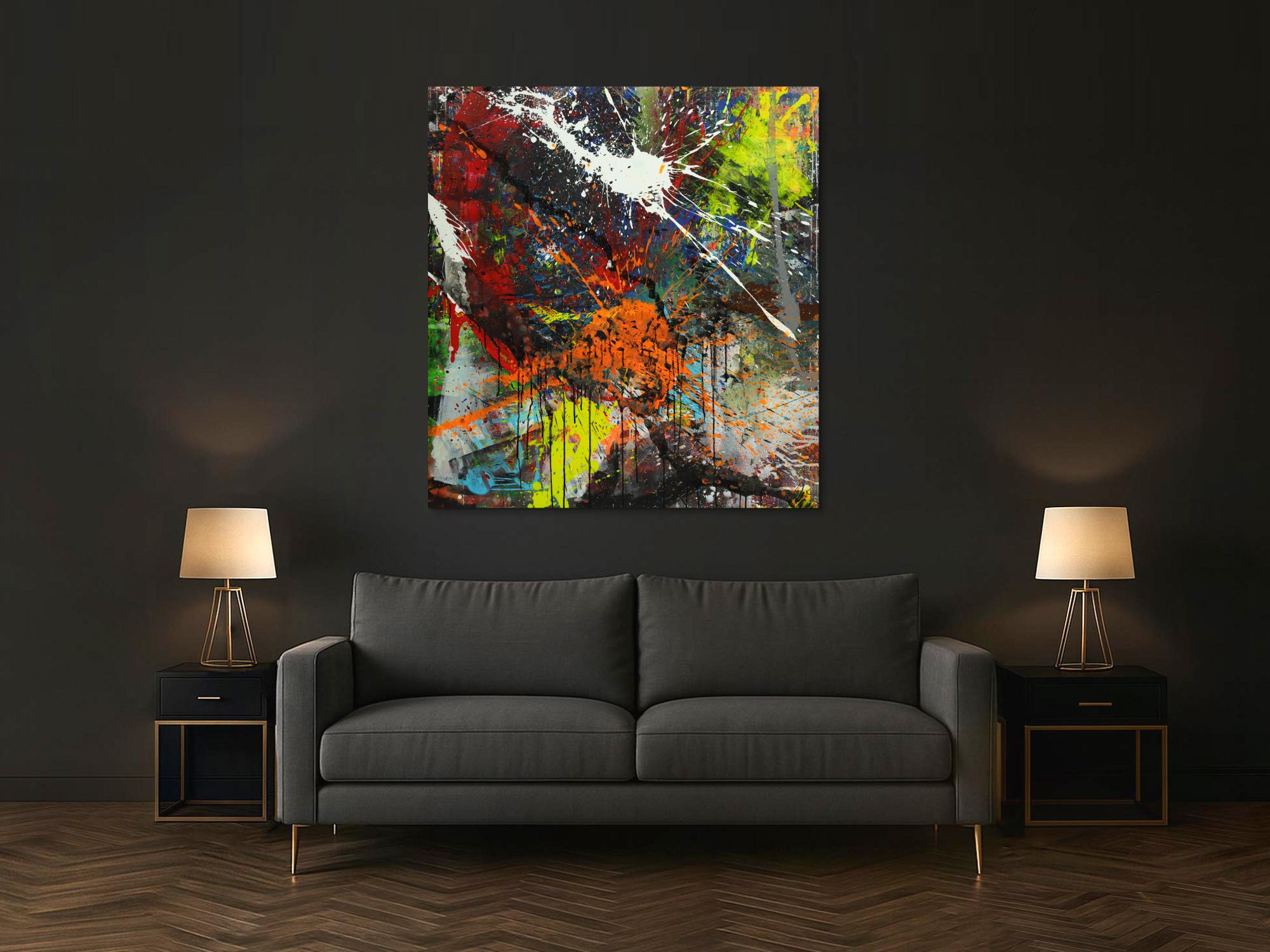 Abstraktes Gemälde bunt Action Painting Mischtechnik Modern Art auf Leinwand Hochformat