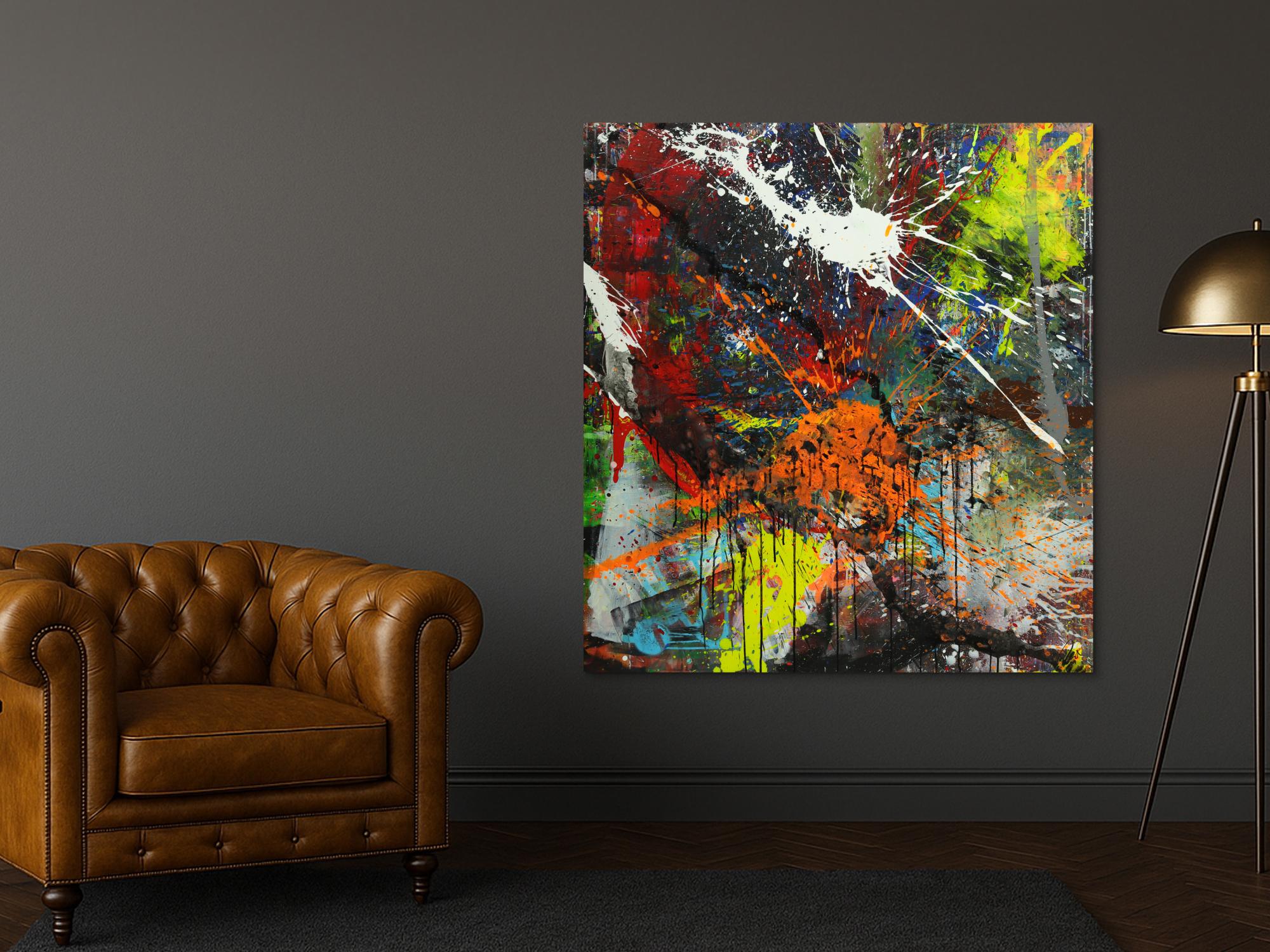 Abstraktes Gemälde bunt Action Painting Mischtechnik Modern Art auf Leinwand Hochformat