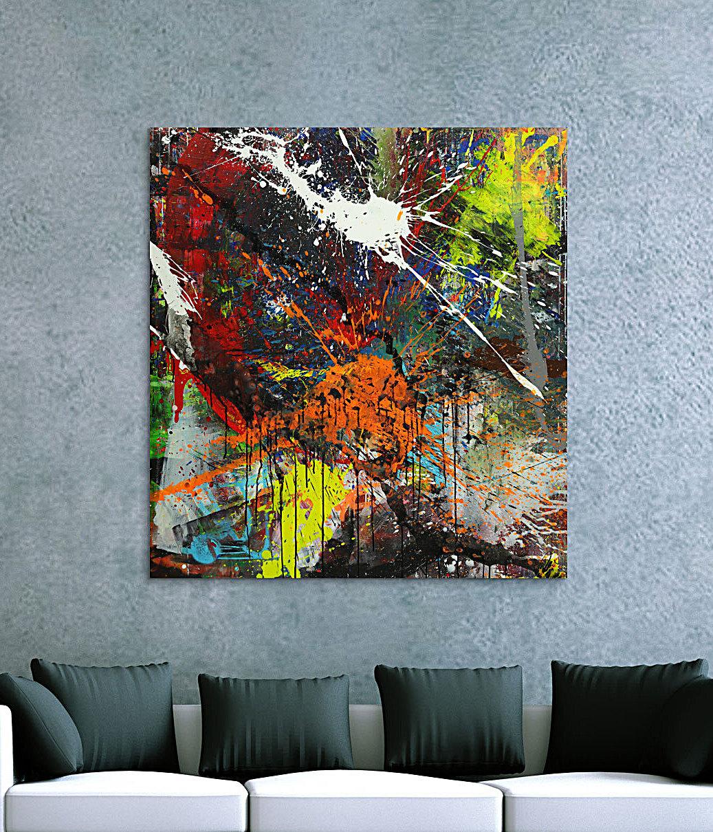 Abstraktes Gemälde bunt Action Painting Mischtechnik Modern Art auf Leinwand Hochformat