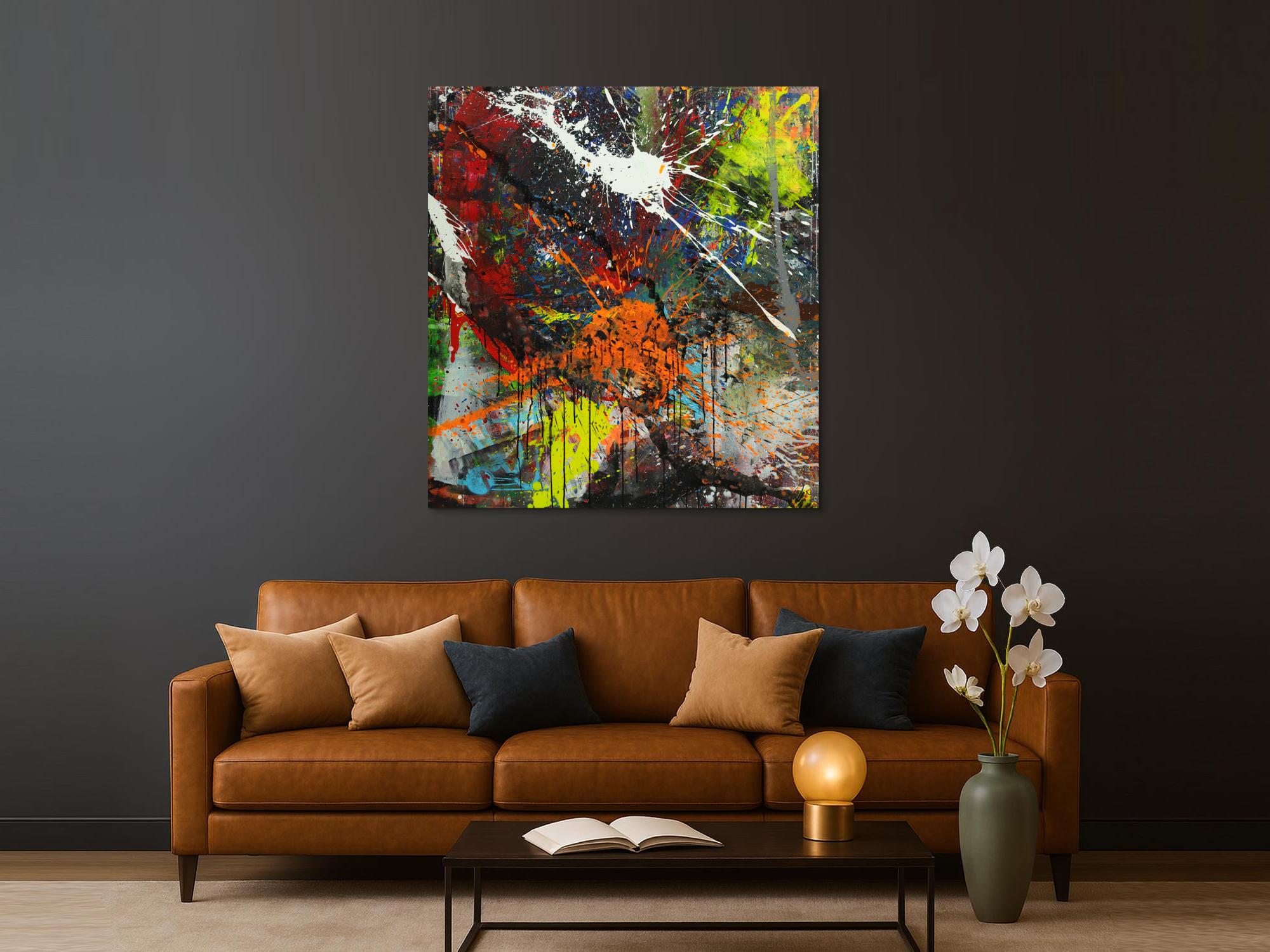 Abstraktes Gemälde bunt Action Painting Mischtechnik Modern Art auf Leinwand Hochformat