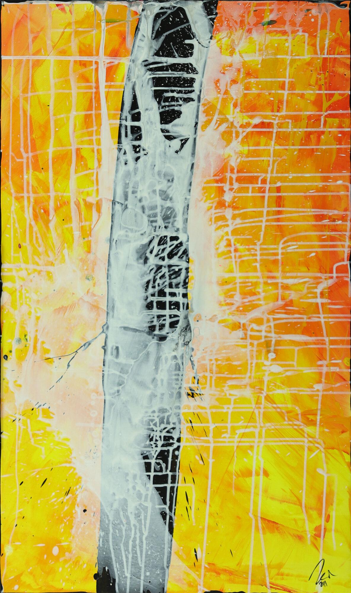 Abstraktes Gemälde minimalistisch gelb orange schwarz weiß handgemalt