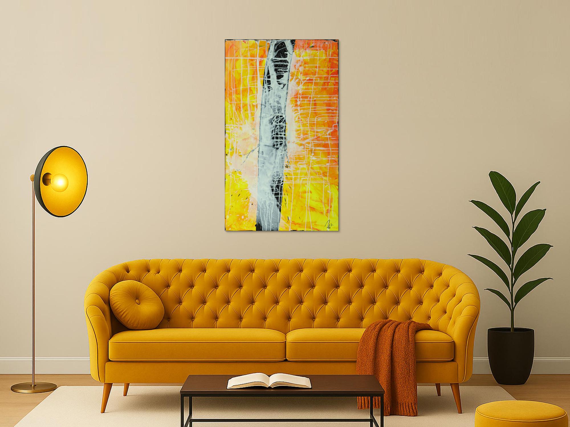 Abstraktes Gemälde minimalistisch gelb orange schwarz weiß handgemalt