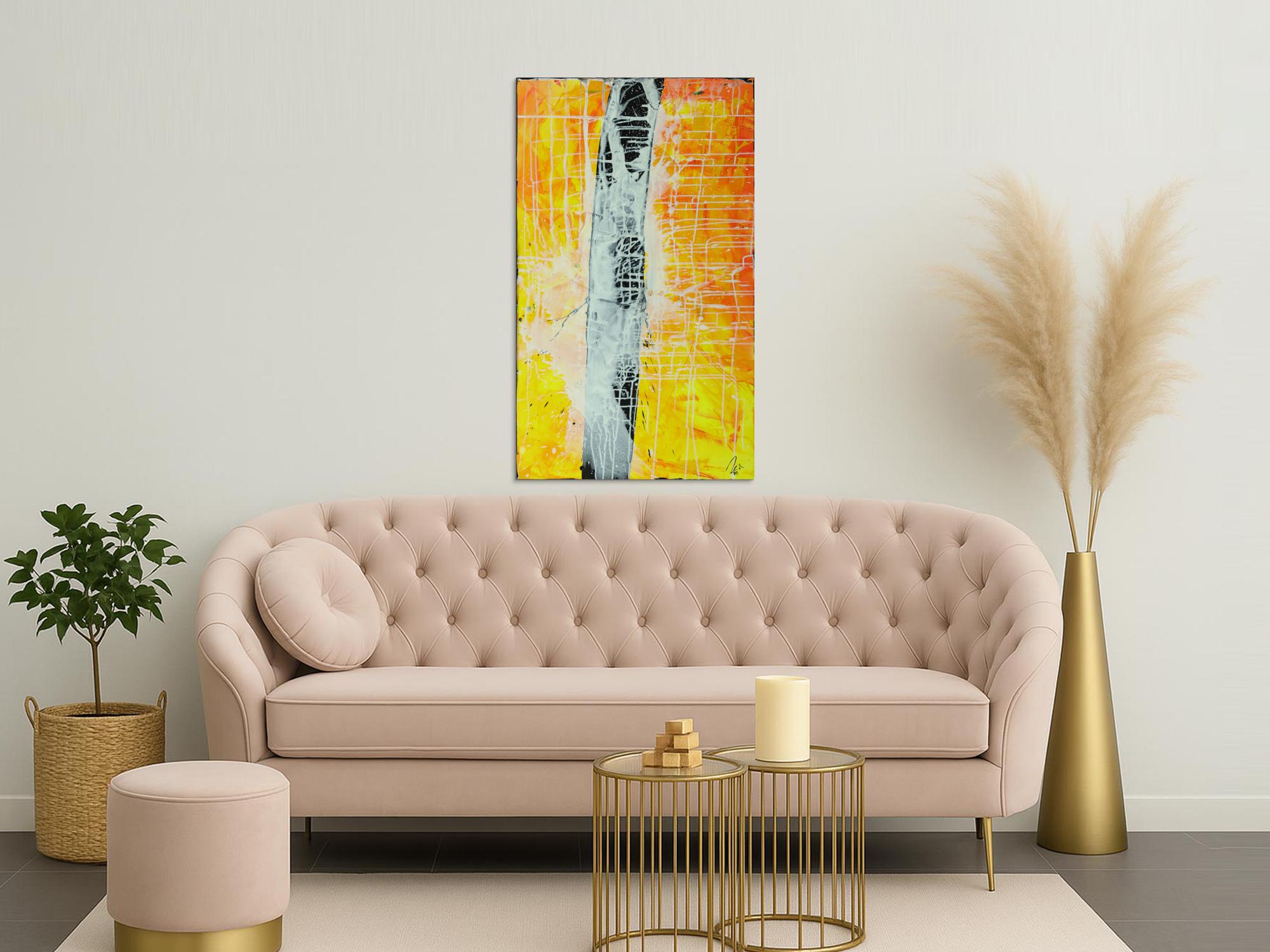 Abstraktes Gemälde minimalistisch gelb orange schwarz weiß handgemalt