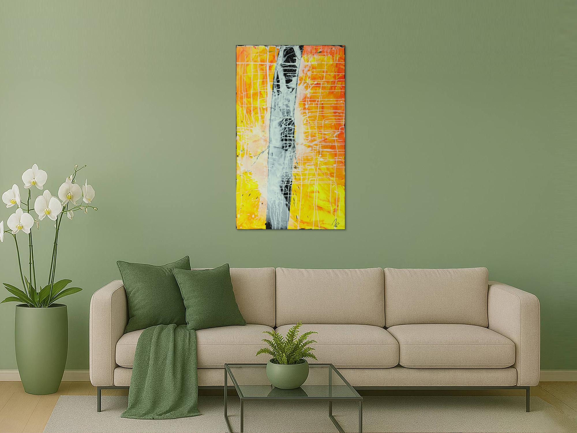 Abstraktes Gemälde minimalistisch gelb orange schwarz weiß handgemalt