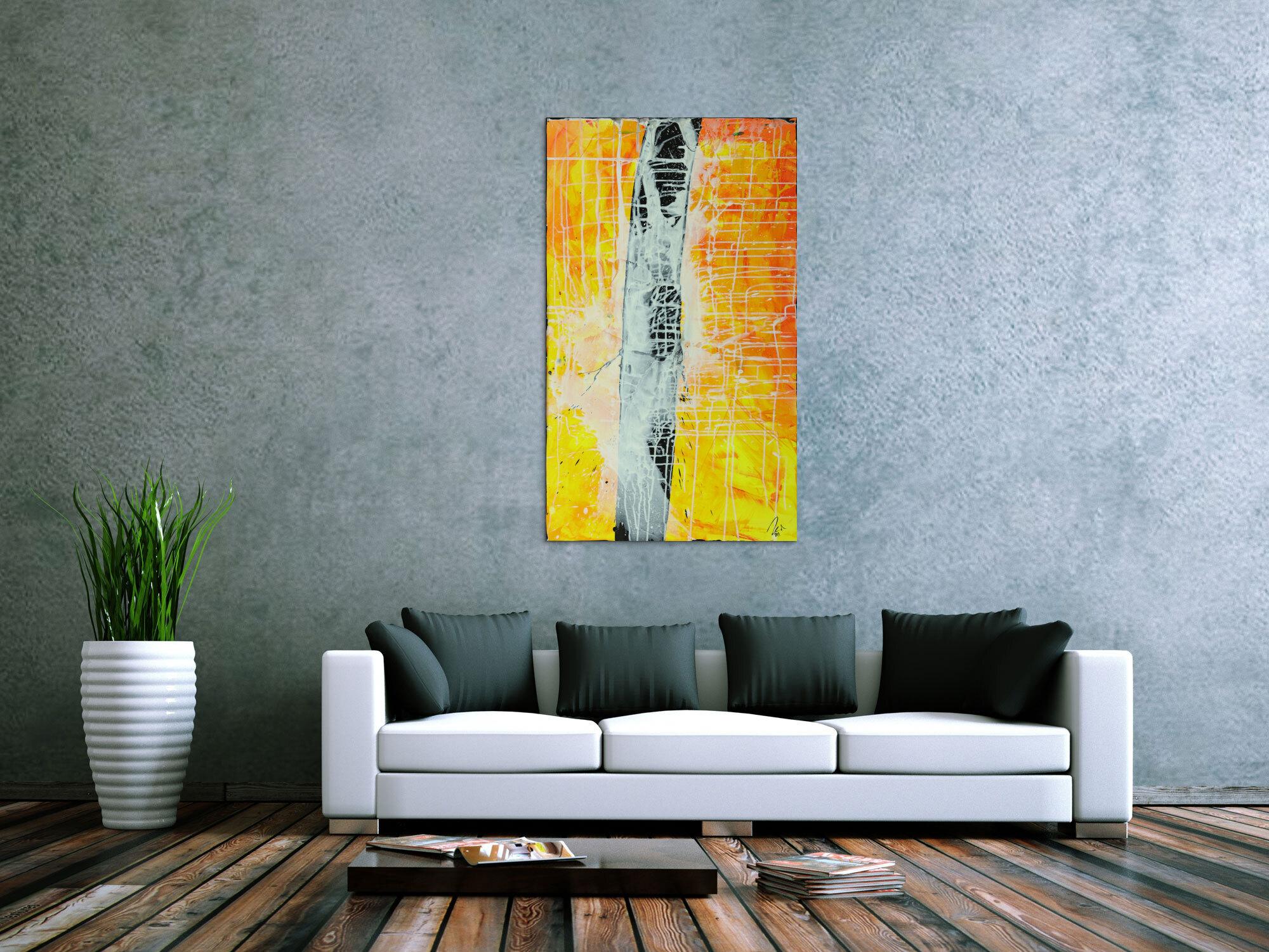 Abstraktes Gemälde minimalistisch gelb orange schwarz weiß handgemalt