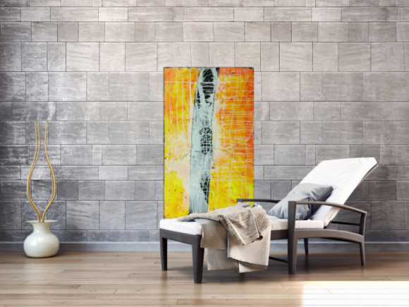 Abstraktes Gemälde minimalistisch gelb orange schwarz weiß handgemalt