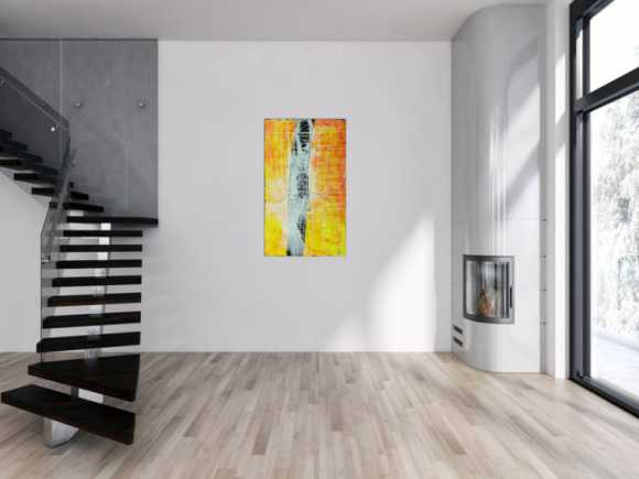 Abstraktes Gemälde minimalistisch gelb orange schwarz weiß handgemalt