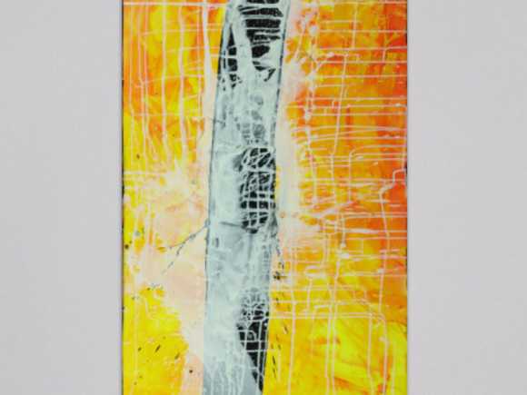 Abstraktes Gemälde minimalistisch gelb orange schwarz weiß handgemalt