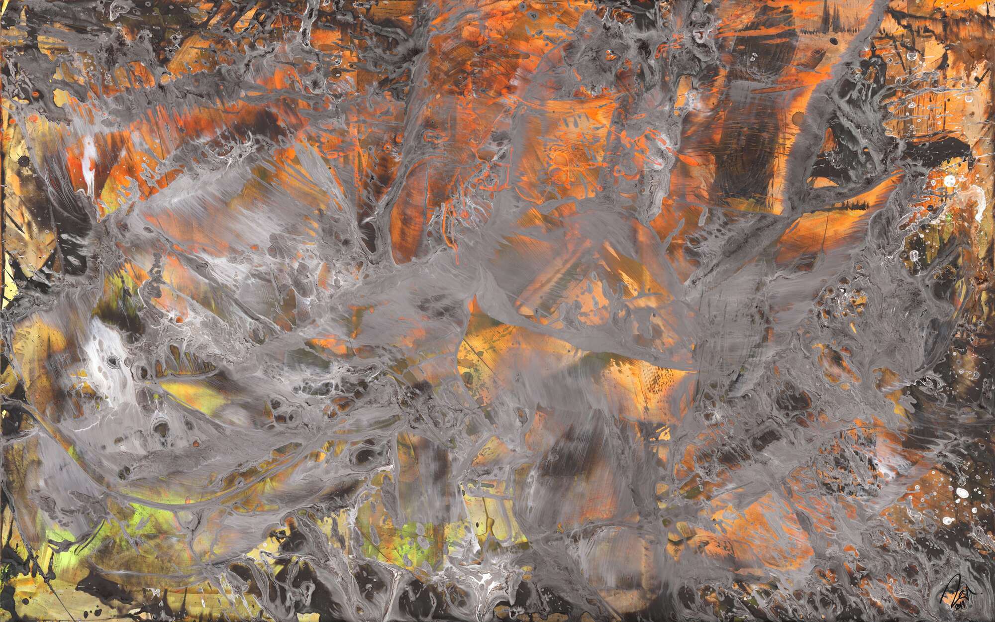 Abstraktes Gemälde neon orange grün grau Modern Art handgemalt expressionistisch