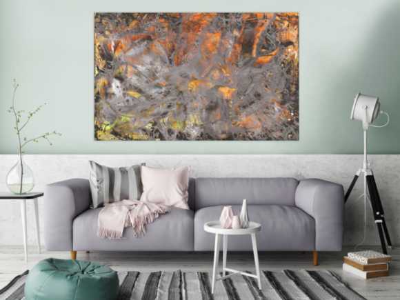 Abstraktes Gemälde neon orange grün grau Modern Art handgemalt expressionistisch