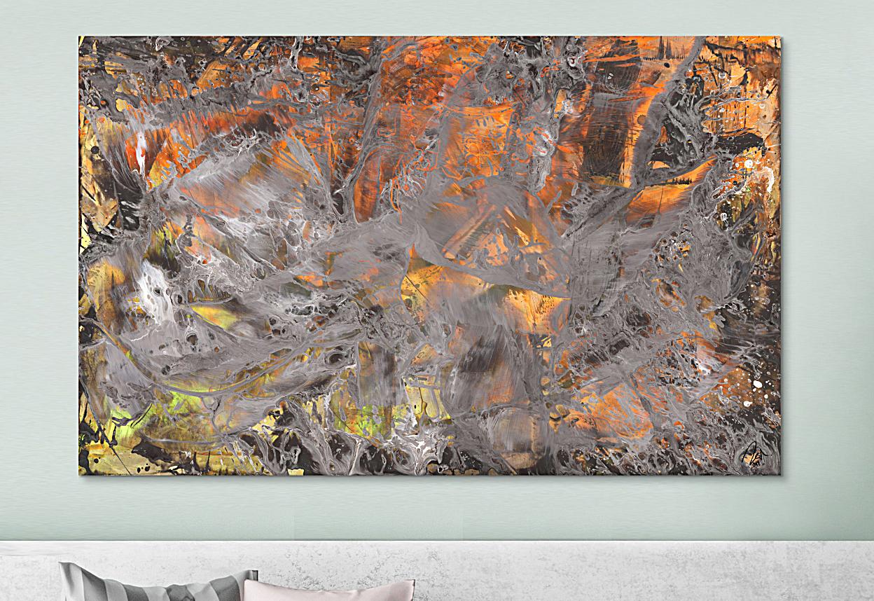 Abstraktes Gemälde neon orange grün grau Modern Art handgemalt expressionistisch