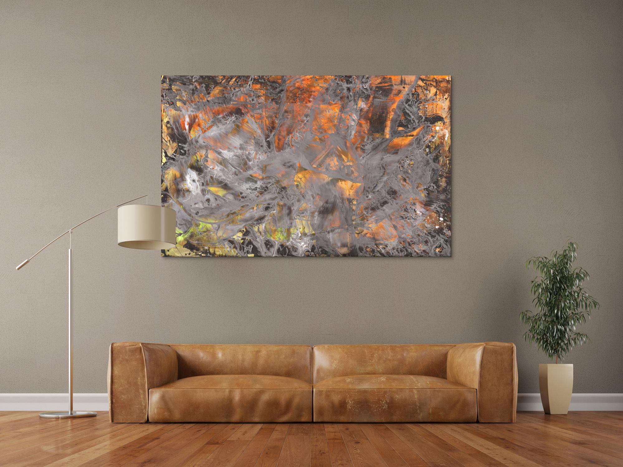 Abstraktes Gemälde neon orange grün grau Modern Art handgemalt expressionistisch