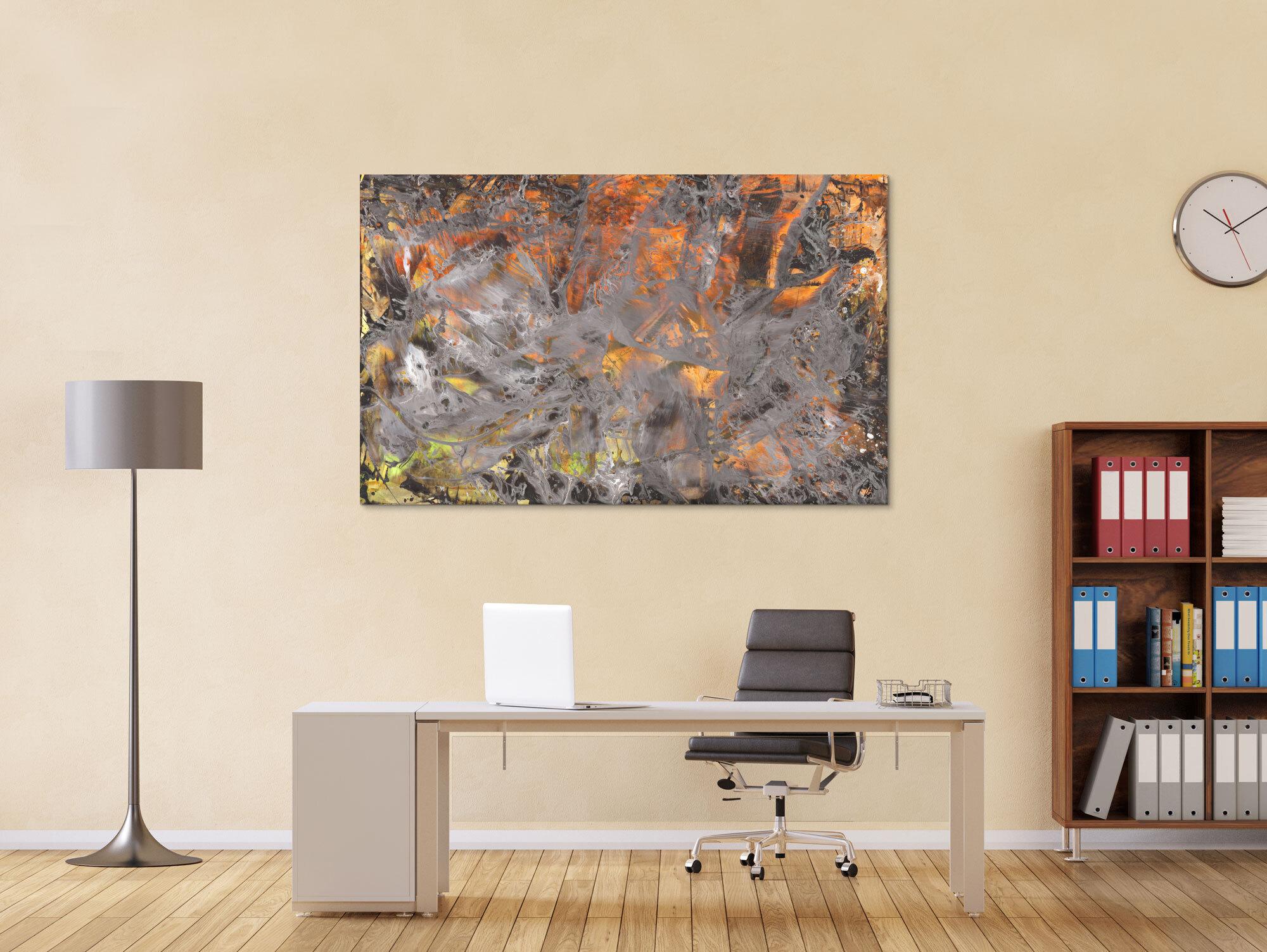 Abstraktes Gemälde neon orange grün grau Modern Art handgemalt expressionistisch