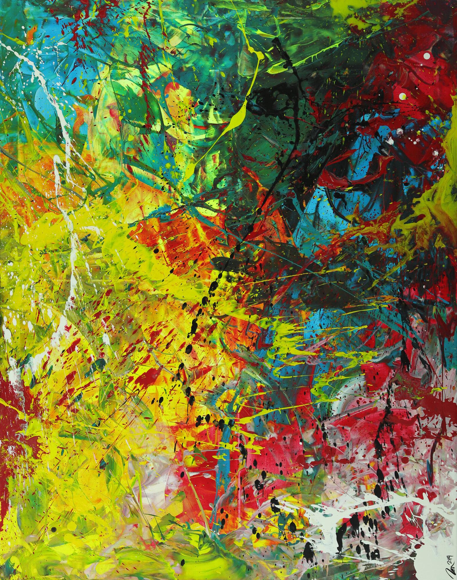 Abstraktes Gemälde Action Painting Modern Art auf Leinwand handgemalt sehr bunt