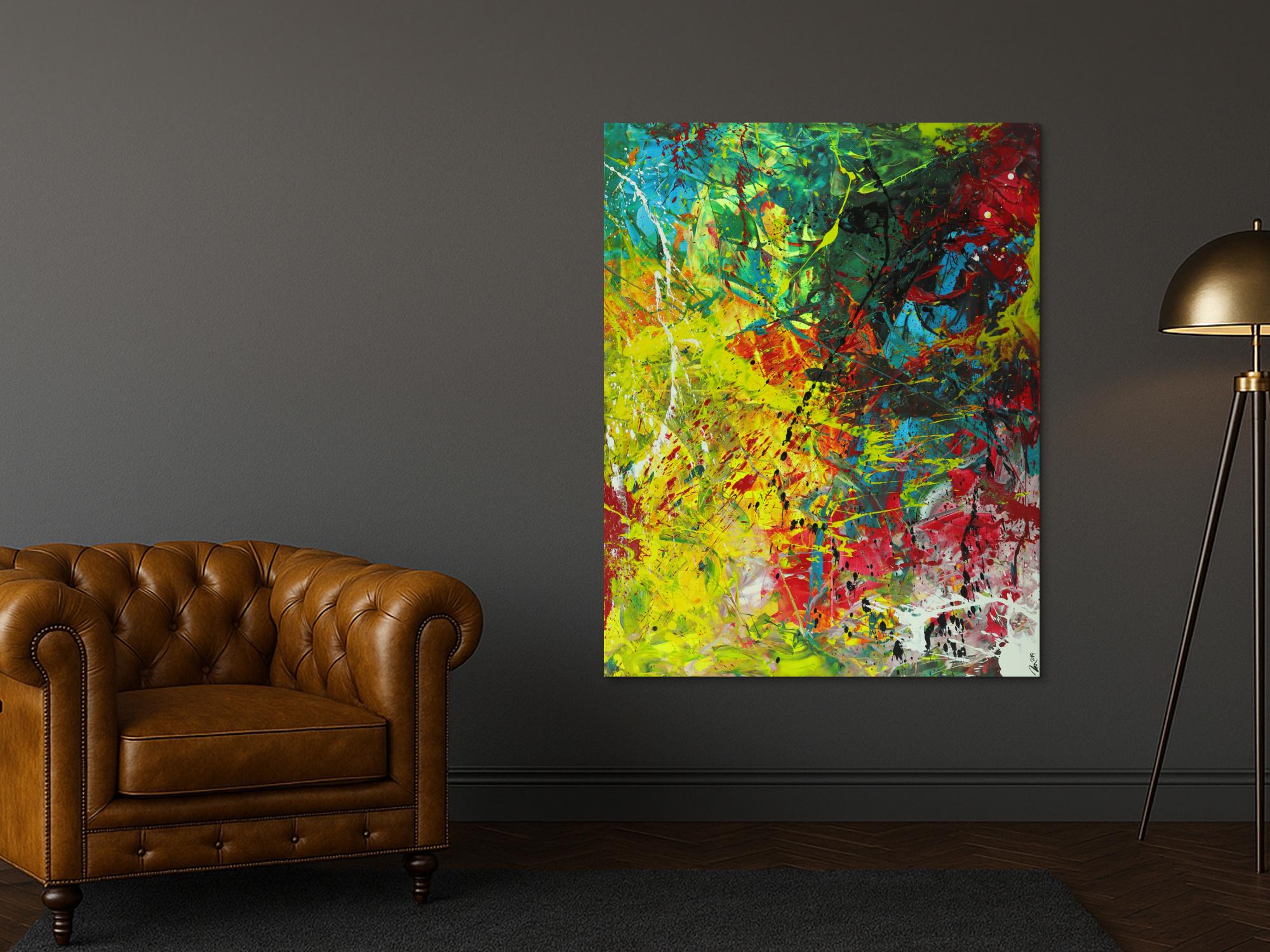 Abstraktes Gemälde Action Painting Modern Art auf Leinwand handgemalt sehr bunt