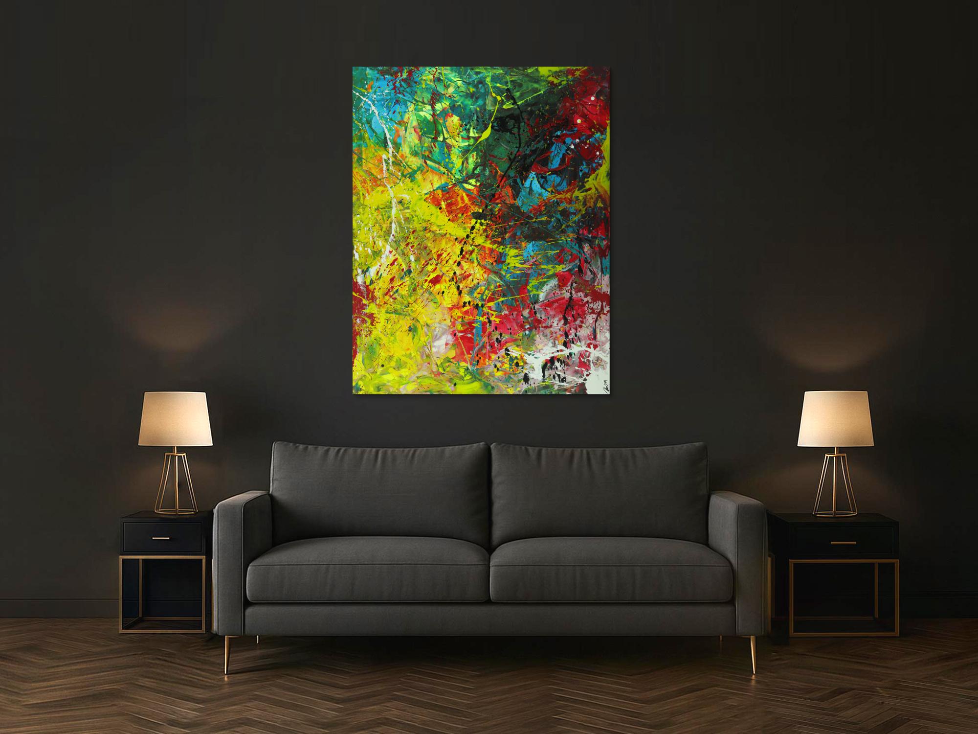 Abstraktes Gemälde Action Painting Modern Art auf Leinwand handgemalt sehr bunt