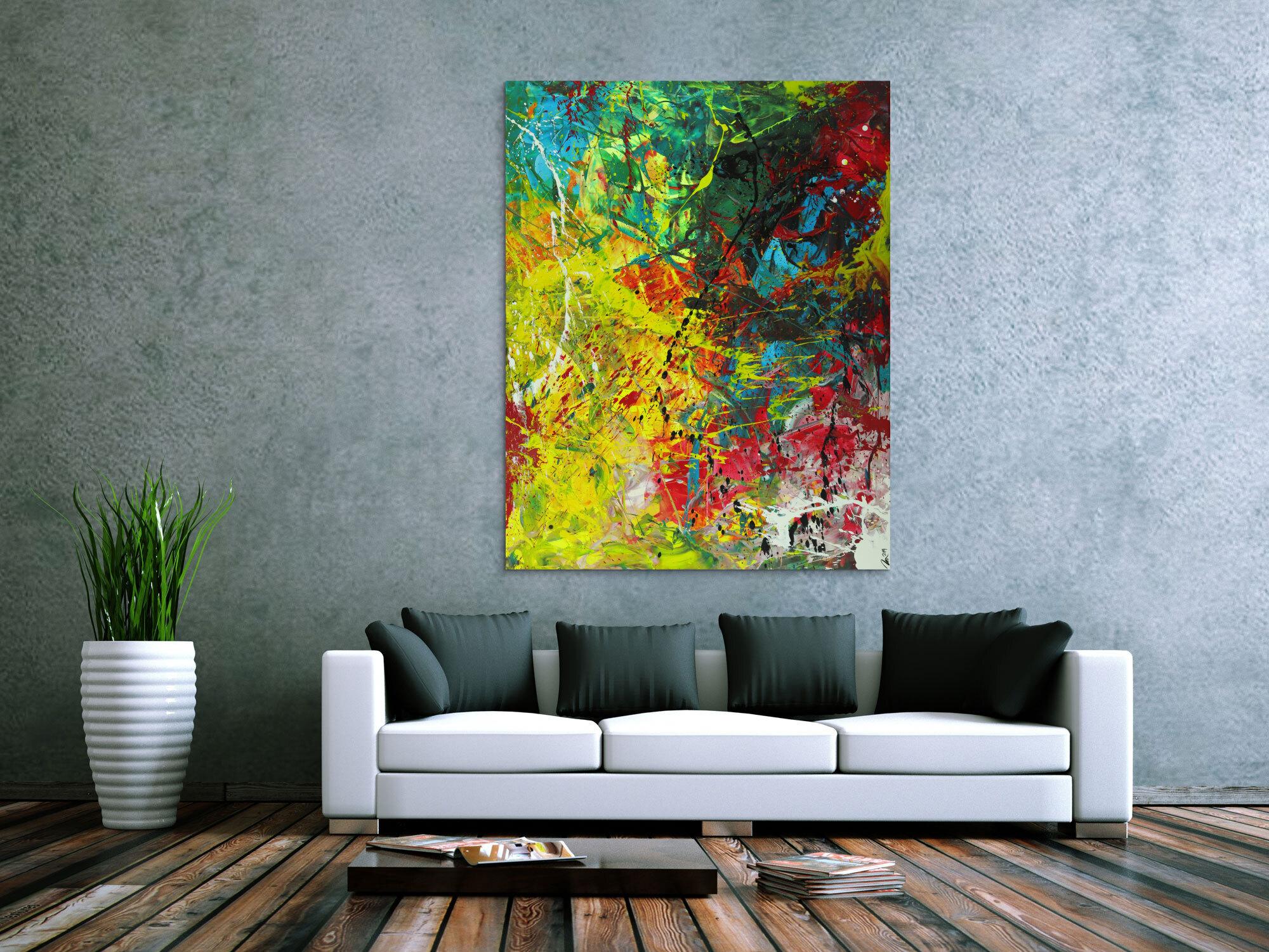 Abstraktes Gemälde Action Painting Modern Art auf Leinwand handgemalt sehr bunt