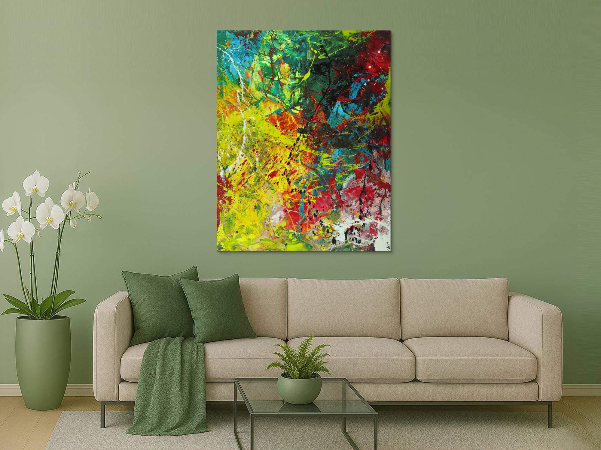 Abstraktes Gemälde Action Painting Modern Art auf Leinwand handgemalt sehr bunt