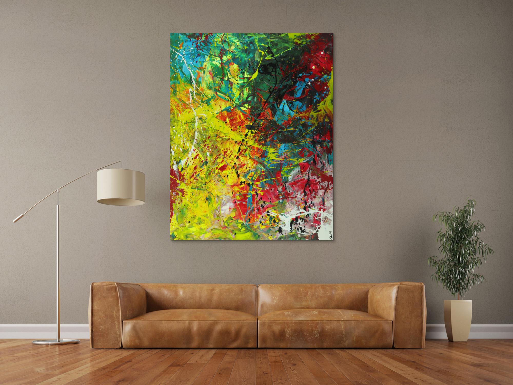 Abstraktes Gemälde Action Painting Modern Art auf Leinwand handgemalt sehr bunt