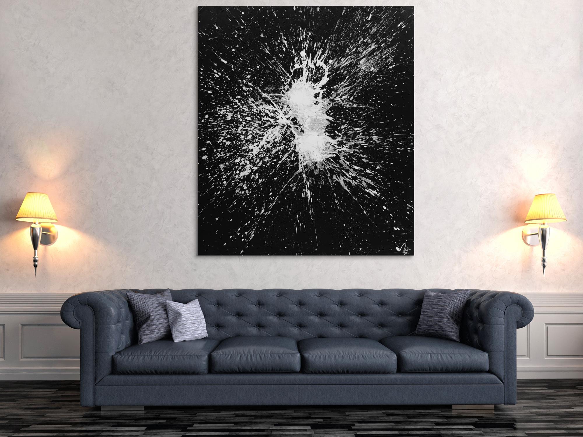 Abstraktes Gemälde schwarz weiß minimalistisch Acryl auf Leinwand handgemält 