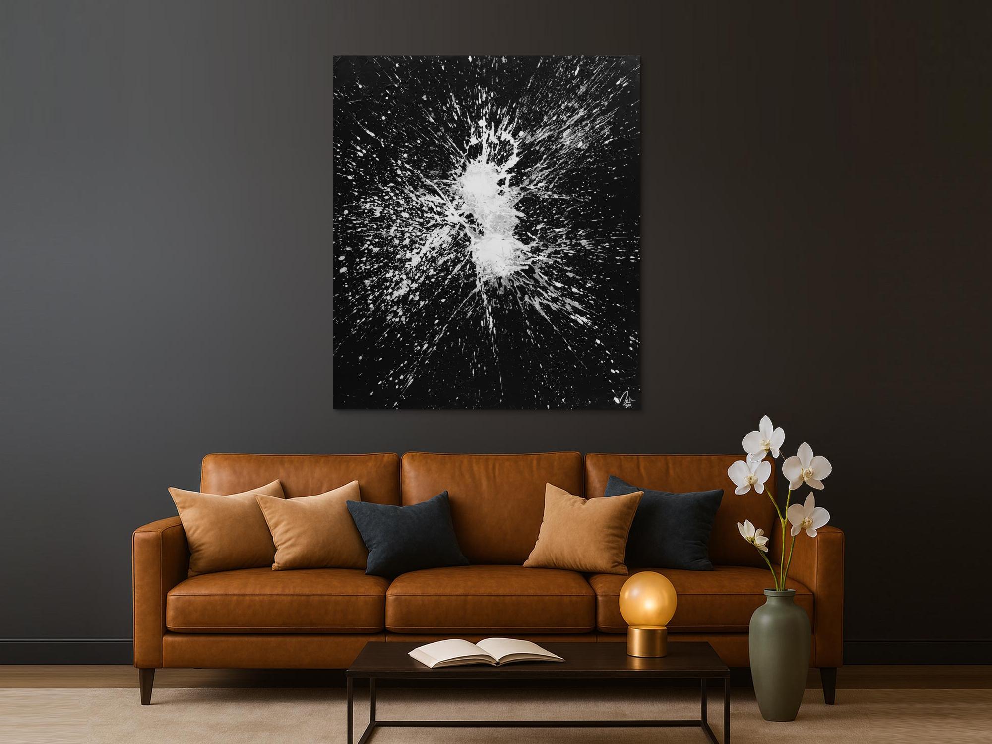 Abstraktes Gemälde schwarz weiß minimalistisch Acryl auf Leinwand handgemält 