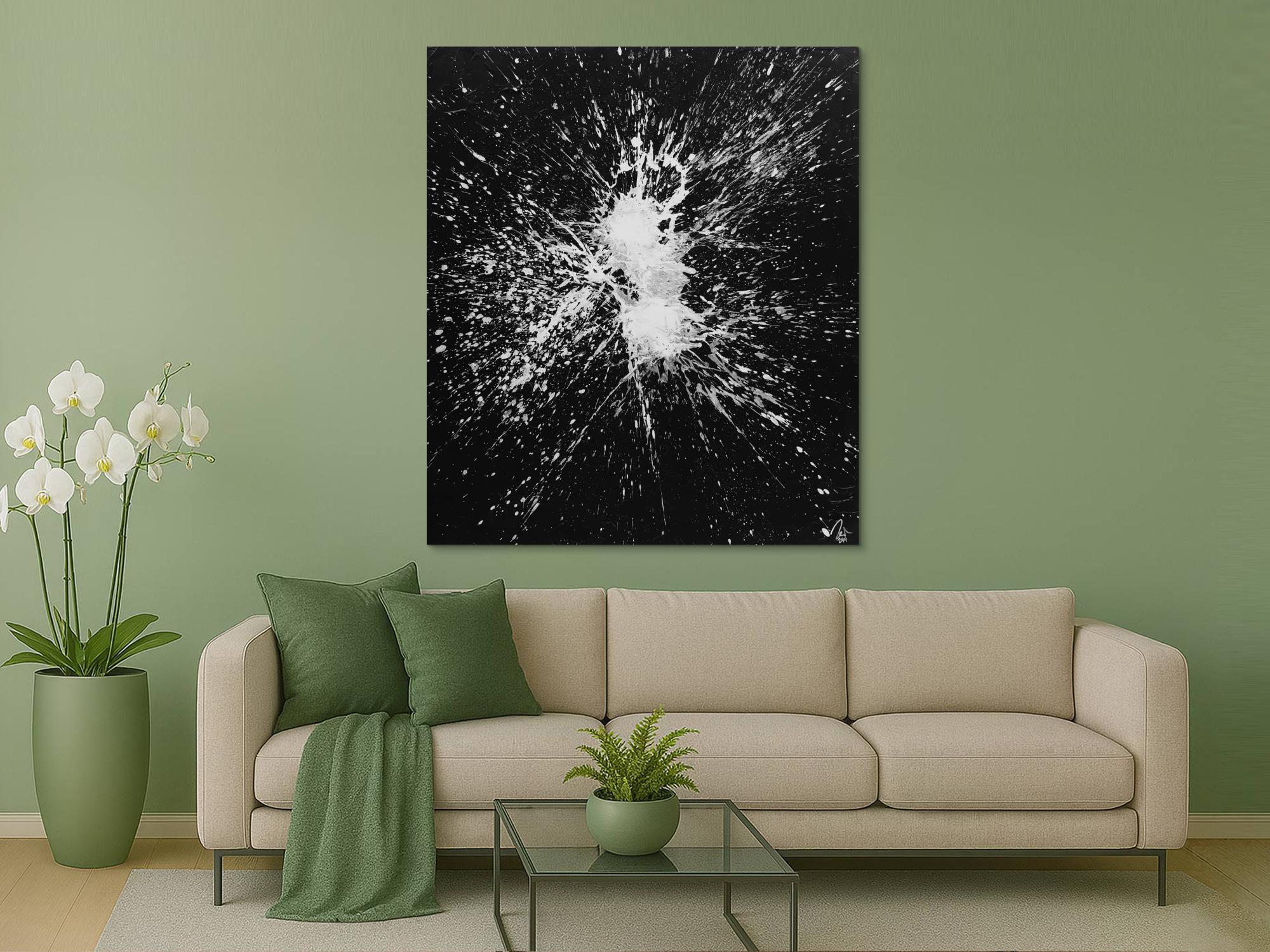 Abstraktes Gemälde schwarz weiß minimalistisch Acryl auf Leinwand handgemält 