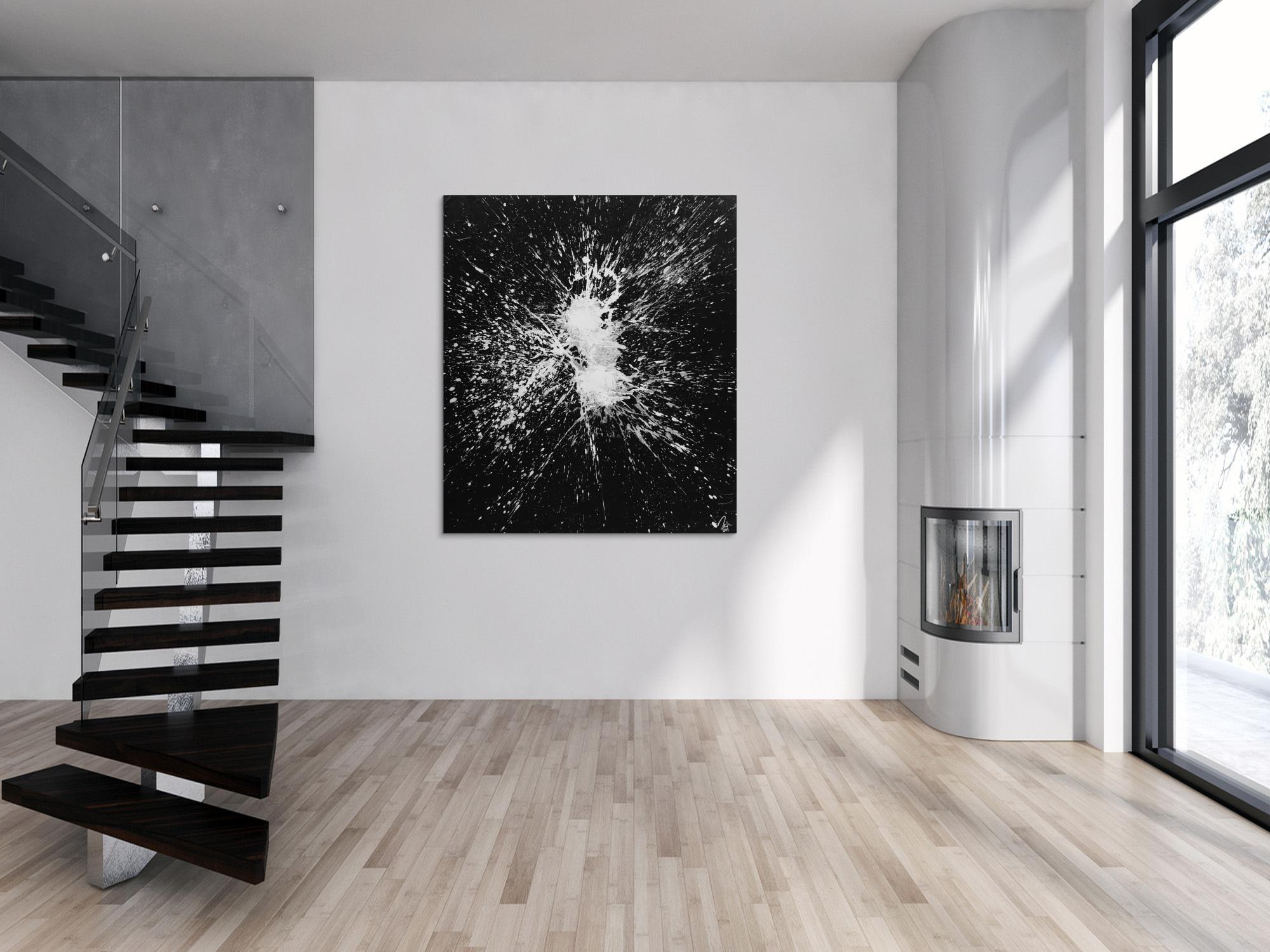 Abstraktes Gemälde schwarz weiß minimalistisch Acryl auf Leinwand handgemält 