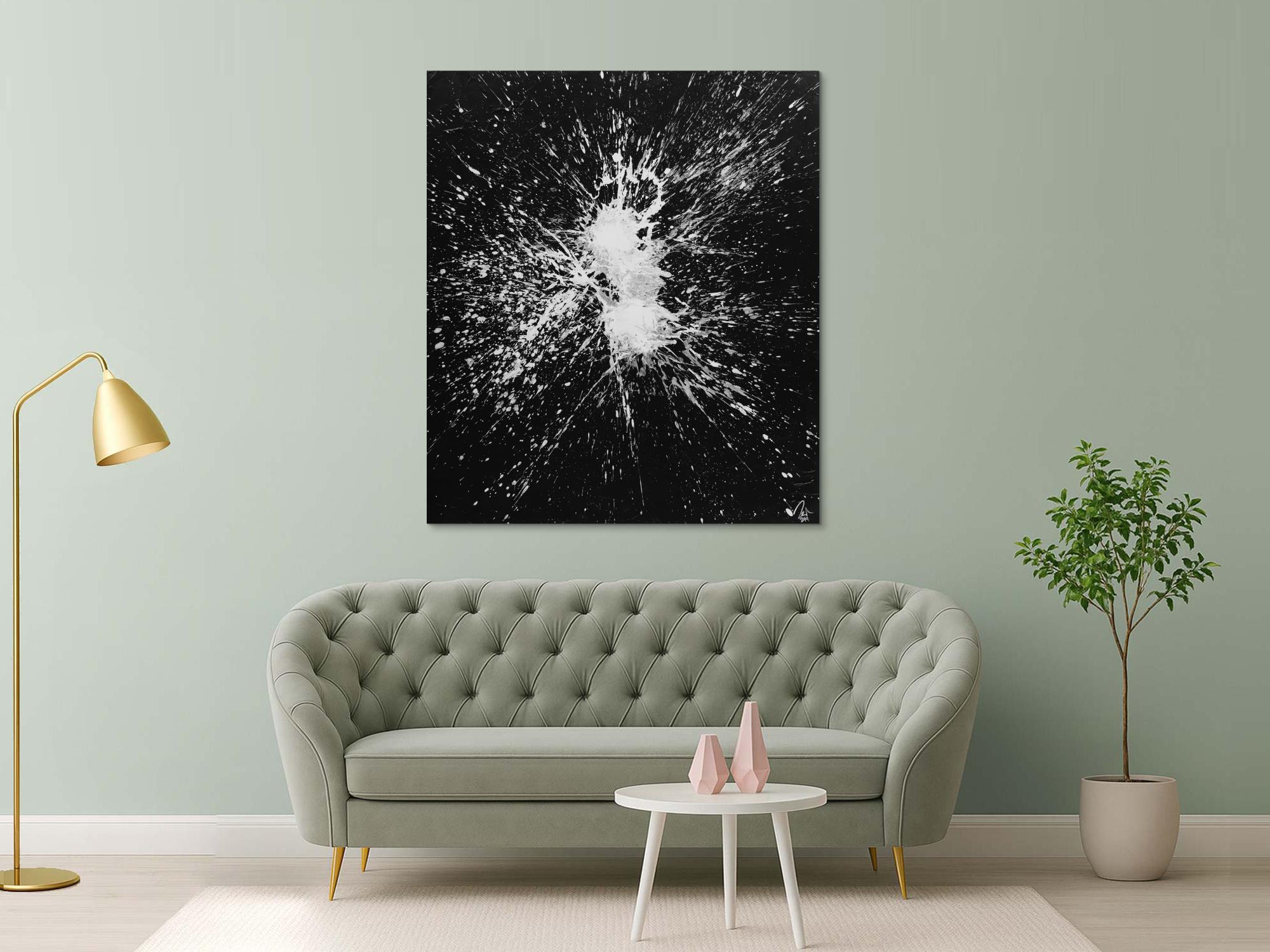 Abstraktes Gemälde schwarz weiß minimalistisch Acryl auf Leinwand handgemält 