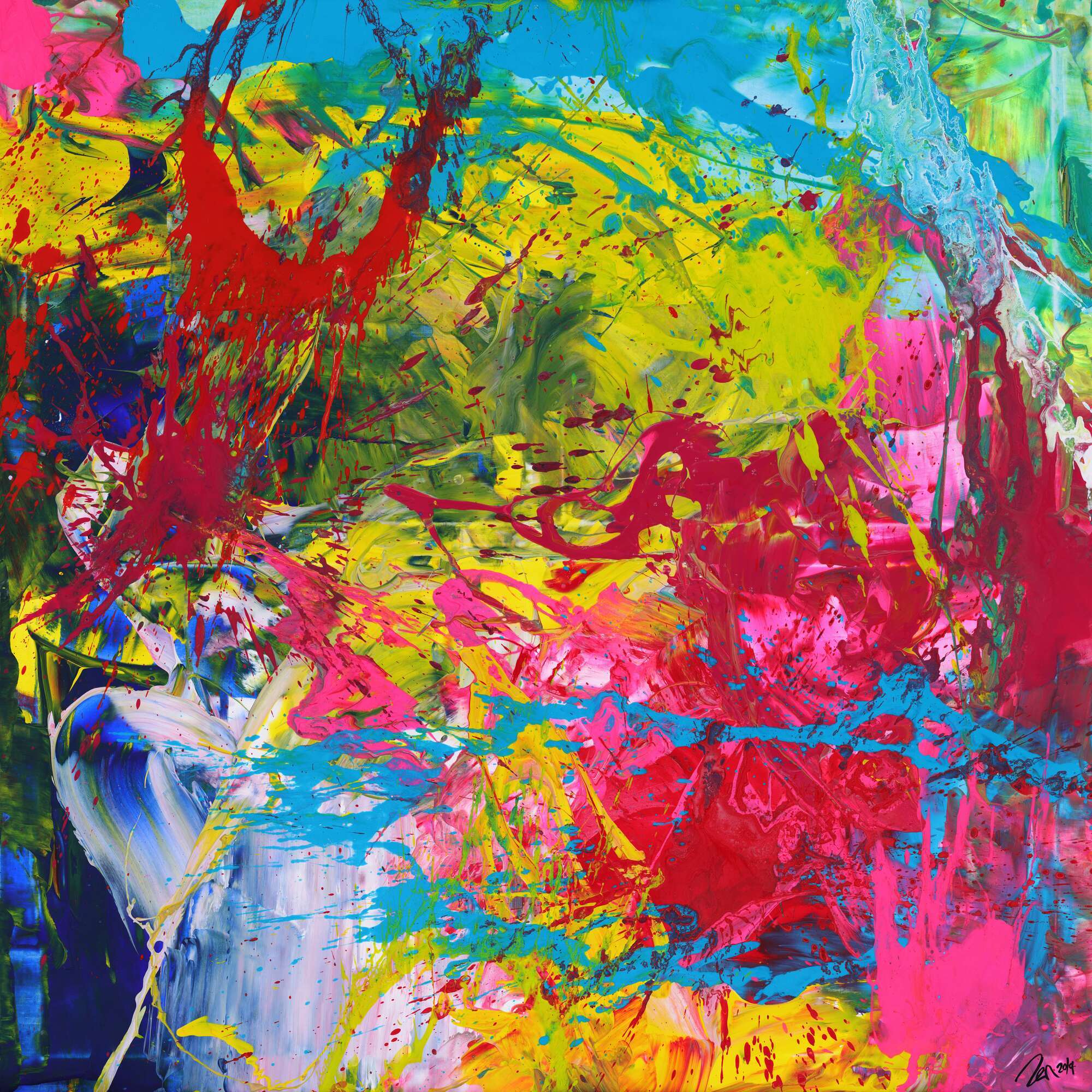 Action Painting Gemälde abstrakt Modern Art sehr Bunt quadratisch handgemalt zeitgenössisch