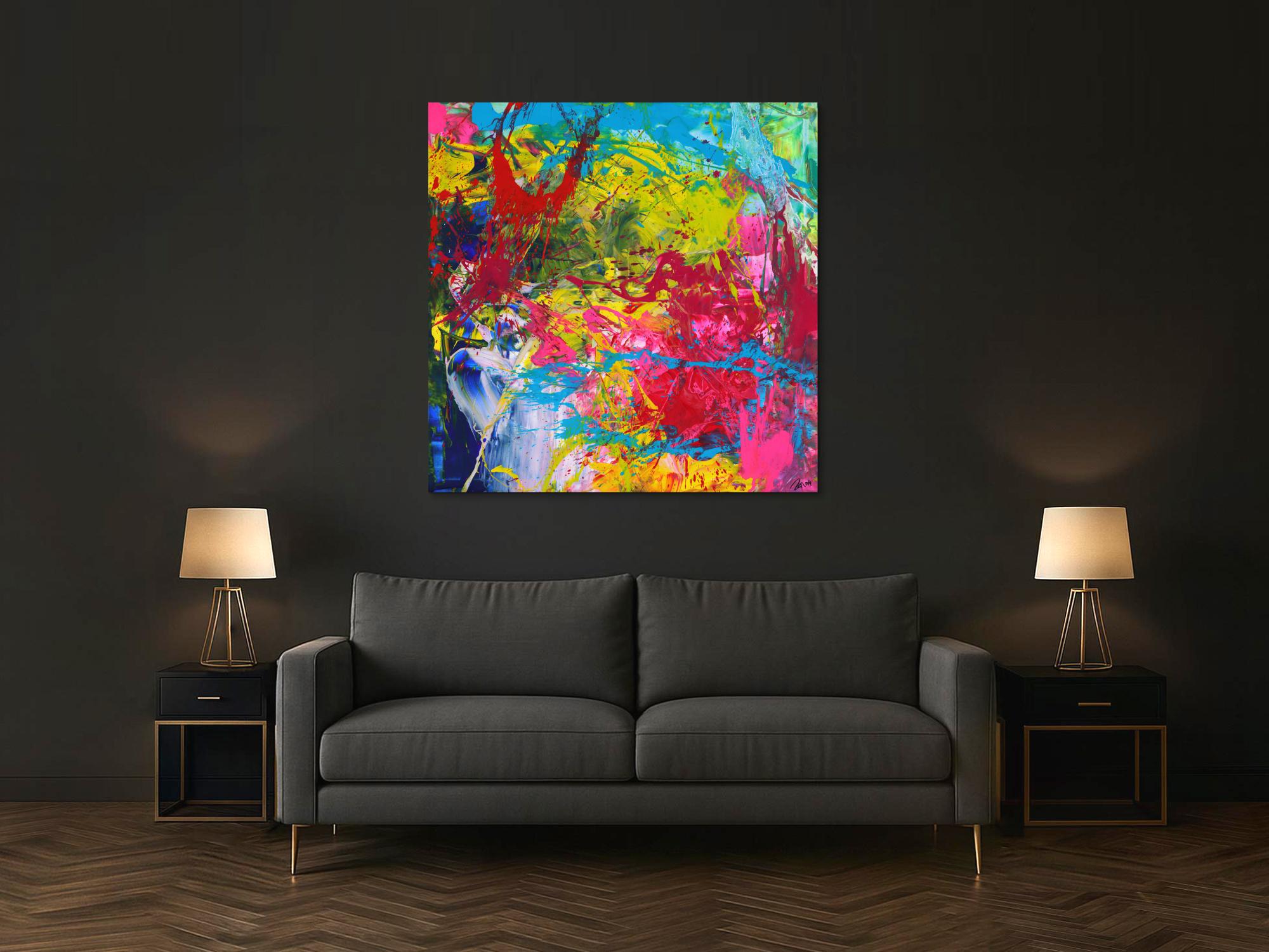 Action Painting Gemälde abstrakt Modern Art sehr Bunt quadratisch handgemalt zeitgenössisch