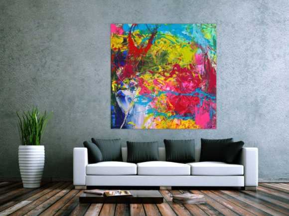 Action Painting Gemälde abstrakt Modern Art sehr Bunt quadratisch handgemalt zeitgenössisch