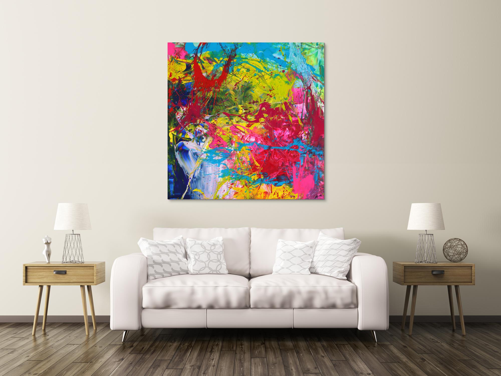 Action Painting Gemälde abstrakt Modern Art sehr Bunt quadratisch handgemalt zeitgenössisch