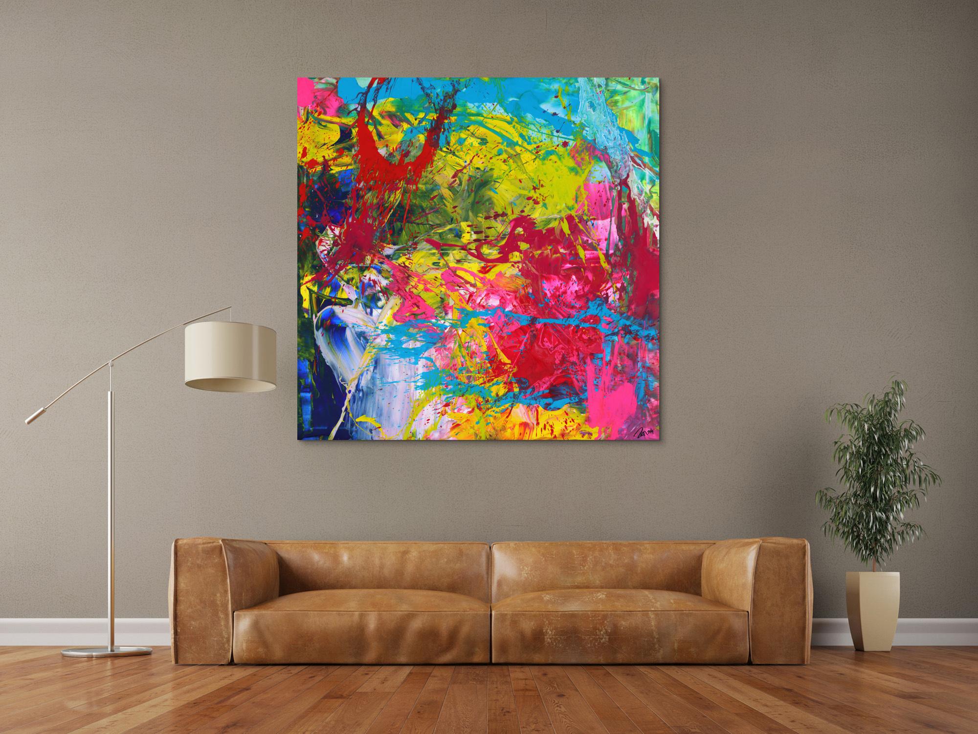 Action Painting Gemälde abstrakt Modern Art sehr Bunt quadratisch handgemalt zeitgenössisch