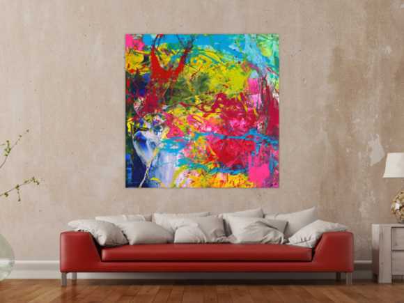 Action Painting Gemälde abstrakt Modern Art sehr Bunt quadratisch handgemalt zeitgenössisch